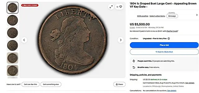 Past eBay listing for the 1804 Large Cent