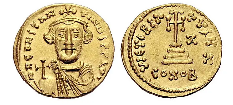 CONSTANS II, 641-668 Mint of Constantinople Solidus 648/649. Officina Z. Obv. dN CONSTAN –TINЧS PP AV Larger and more robust bust with short beard, crowned, facing; wearing chlamys and holding globe cruciger in r. hand. Rev. VICTORIA – AVÇЧ Z (inverted). Cross potent on three steps. Z (indictional year 7) in r. field. CONOB below. DOC 13c. S. 949. 4,46 g