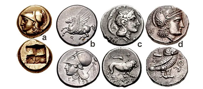 Figure 3: a) IONIA, Phokaia, Hekte–Sixth Stater, circa 387-326 BCE; b) CORINTH, Stater, circa 350/45-285 BCE; c) LUCANIA, Velia, Nomos, circa 300-280 BCE; d) BACTRIA, Didrachm, circa 295/3-285/3 BCE.