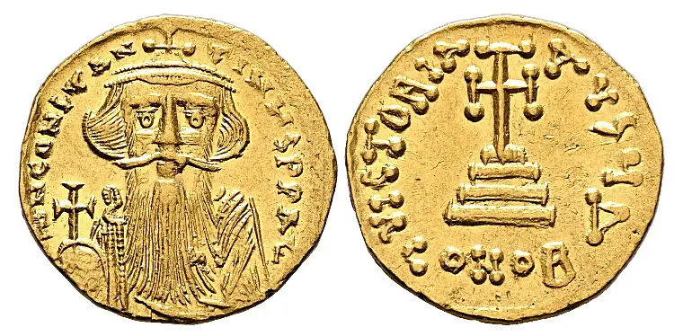 Constans II, 641-668. Solidus (Gold, 20 mm, 4.44 g), Constantinopolis, 651-654. δ N CONSTANTINЧS P P AVCrowned and draped bust of Constans II facing, with long beard and moustache, holding globus cruciger in his right hand. Rev. VICTORIA AVGЧ Δ / CONOB Cross potent on base and three steps. DOC 19d. SB 956.