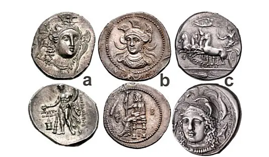 Figure 4: a) LUCANIA, Herakleia, circa 281-278 BCE, AR Nomos; b) CILICIA, Issos, Balakros, Satrap of Cilicia, 333-323 BCE, AR Stater; c) SICILY, Syracuse, struck circa 405 BCE, AR Tetradrachm.