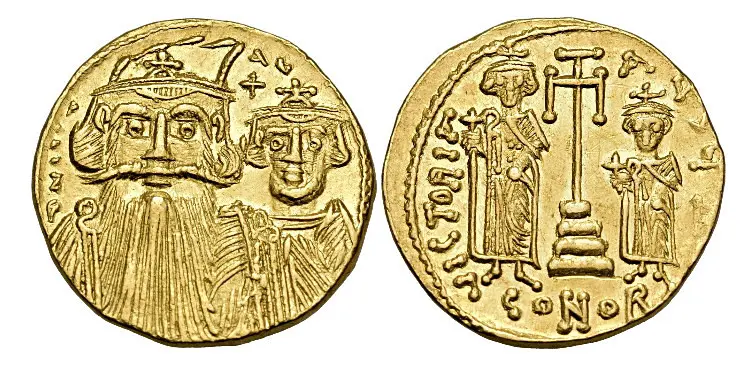 Constans II, with Constantine IV, 641-668. Solidus (Gold, 19 mm, 4.43 g ), Constantinople, circa 662-667. dN C AN Crowned and draped facing busts of Constans II, on left with a plume on his head, and Constantine IV; above, between their heads, cross. Rev. VICTORIA - AVSЧ [...] / CONOB Cross potent, on base and three steps, between Heraclius, on the left, and Tiberius, on the right. SB 964.