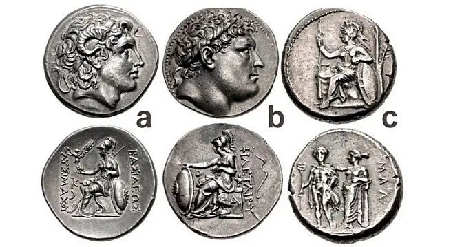 Figure 5: a) THRACE, Lysimachos, 305-281 BCE, AR Tetradrachm; b) PERGAMON, Eumenes I, 263-241 BCE, AR Tetradrachm; c) CILICIA, Mallos, circa 385-375 BCE, AR Stater.
