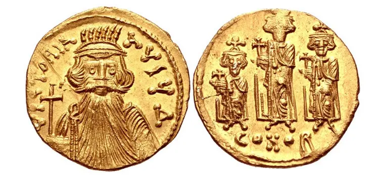 Constans II, with Constantine IV, Heraclius, and Tiberius. 641-668. AV Solidus (19.5mm, 4.45 g,).Constantinople mint, 4th officina. Struck circa 663-668. Bust of Constans II facing, wearing long beard and plumed helmet, holding globus cruciger; VICTORIA AUGU Δ / full-length figures of Tiberius, Constantine, and Heraclius standing facing, each holding globus cruciger; CONOB. DOC 42c; MIB 41; SB 974. EF