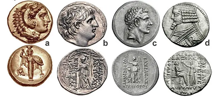 Figure 6: a) MYSIA, Pergamon, mid-late 330s BCE, AV Stater; b) SELEUKID EMPIRE, Antiochos VII Euergetes (Sidetes), 138-129 BCE, AR Tetradrachm; c) CAPPADOCIA, Orophernes, circa 159-157 BCE, AR Tetradrachm; d) PARTHIA, Phraates IV, circa 38-2 BCE, Tetradrachm.