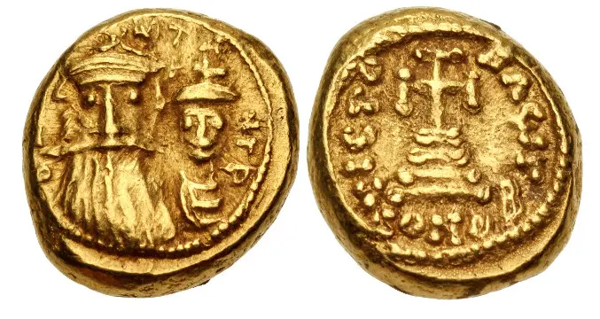 Constans II, with Constantine IV. 641-668. AV Solidus (10.5mm, 4.47 g,). Carthage mint. Dated IY 13(654/5). Crowned facing busts of Constans, wearing long beard and mustache, and Constantine, wearing chlamys; cross above / Cross potent set on three steps; IΓ (date)//CONOB. DOC 118; SB 1039.