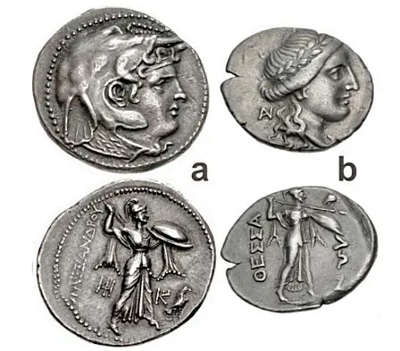 Figure 7: a) PTOLEMAIC KINGS OF EGYPT, Ptolemy I Soter, as satrap, 323-305/4 BCE, or king, 305/4-282 BCE, Tetradrachm; b) THESSALIAN LEAGUE, 196-146 BCE, AR Drachm.