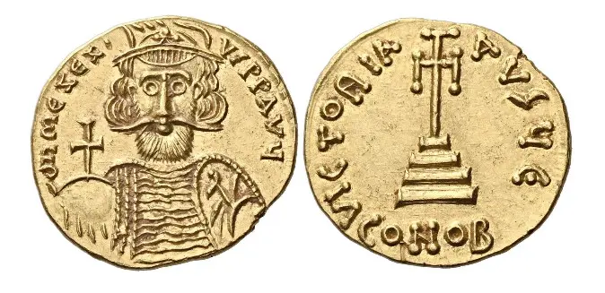 Mezezius, 668–669 Solidus, Syracuse 668-669, AV 18 mm, 4.5 g. d n MЄZЄZI-VS PP AVЧ Bust facing with shortbeard and long mustache, wearing cuirass and plumed helmet with frontal cross, holding in r. hand globus cruciger and in l., shield decorated with horseman motif. Rev. VICTORIA – AV?Ч Є Cross potent with base set on three steps; below, CONOB. Sear 1146. Extremely rare, apparently only eight specimens known and undoubtedly one of the rarest and most iconic issues of the entire Byzantine series. Virtually as struck