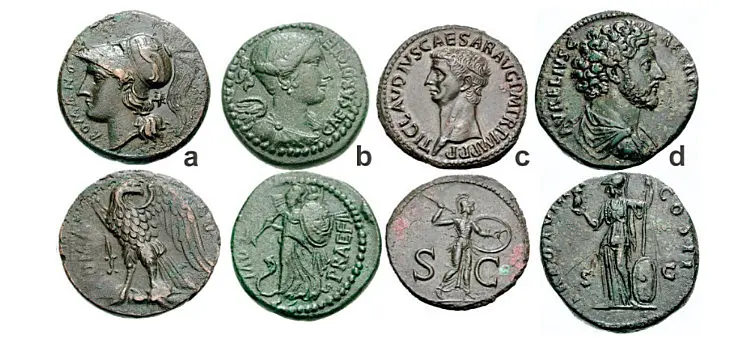 Figure 8: a) ROMAN REPUBLIC, Anonymous, circa 264 BCE, Æ 25mm; b) JULIUS CAESAR, late 46-45 BCE, Æ Dupondius; c) CLAUDIUS, 41-54 CE, Æ As; d) MARCUS AURELIUS, as Caesar, 139-161 CE, Æ Sestertius.