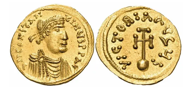 Constans II, 641-668. Semissis (Gold, 17 mm, 2.17 g, ), Constantinople. dN CONSTAN-TINЧS P P AV'Diademed and draped bust of Constans II to right. Rev. VICTORIA AVςЧς cross potent on globe. DOC 44.. SB 983.