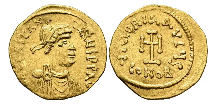 Constans II, 641-668. Tremissis (Gold, 16 mm, 1.46 g,), Constantinopolis. δ N [CO]STANTINЧS P P AVDiademed, draped and cuirassed bust of Constans II to right. Rev. VICTORIA AVζЧ S Cross potent on base. DOC 45. SB 984.