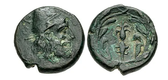 Ithaka. Mid-late 4th century BCE. bronze (16mm, 3.69 g,). Head of Odysseus right, wearing pilos / Thunderbolt within wreath. HGC 6, 121;. Dark green-brown patina, minor deposits, slight roughness. Near VF. Very rare