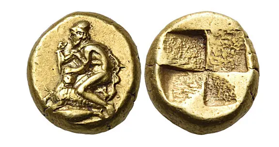 MYSIA. Kyzikos. Circa 450-330 BC. Hekte (Electrum, 11 mm, 2.64 g). Male figure (Odysseus or Phrixus?), wearing pileus and chlamys, kneeling left atop a ram lying to left, preparing to sacrifice it with a dagger held in his right hand while pulling ram's head back with his left. Rev. Quadripartite incuse square