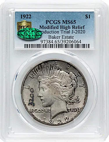 1922 $1 Modified High Relief Production Trial, Judd-2020, MS65 PCGS. CAC. Subtype 2-A : Image by Heritage Auctions