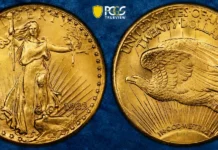 Sotheby’s set an auction record for a rare coin that would have been inconceivable even days ago, achieving $18.9 million USD for the only legal-to-own 1933 double eagle Saint-Gaudens $20 gold coin.