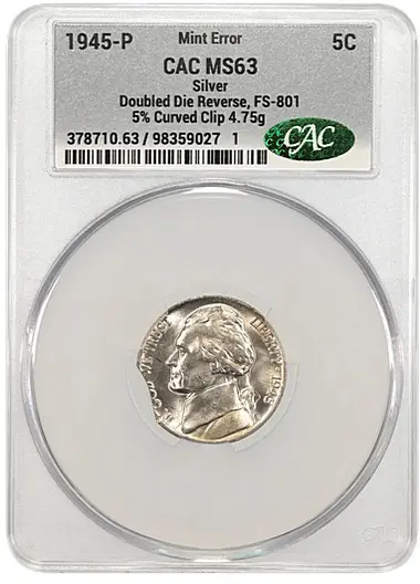 1945-P Silver 5C Doubled Die Reverse, FS-801 - CAC MS63