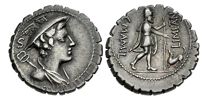 C. Mamilius Limetanus. 82 BC. AR Serrate Denarius (19.5mm, 3.92 g, 12h). Rome mint. Draped bust of Mercury right, wearing winged petasus; to left, S above caduceus / Ulysses walking right, holding staff and extending hand toward his dog, Argus. Crawford 362/1; Sydenham 741; VF. 