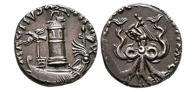 Sextus Pompeius, 44-35 BC.Denarius circa 37-36 BC, Sicily. MAG PIVS - [IMP ITER] Galley with aquila on prow. In the background, pharos of Messana surmounted by statue of Neptune / [PRAEF ·ORAE · MARIT · ET · CLAS. · S. · C·] The sea monster Scylla wielding rudder with both hands. 3,91g. Crawford 511/4a; Sydenham 1348.