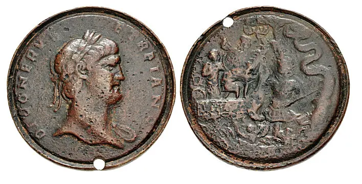 Contorniates. Late 4th century AD. (37.5mm, 23.53 g,). In the name of the deified Trajan. DIVO NERVAE TRAIANO, laureate head right, slight drapery / Skylla, to left, attacking Odysseus' ship and crew, to right; three crew members right fighting on ship's prow, two helpless in sea below. Red-brown patina, slight roughness, pierced. Good Fine.