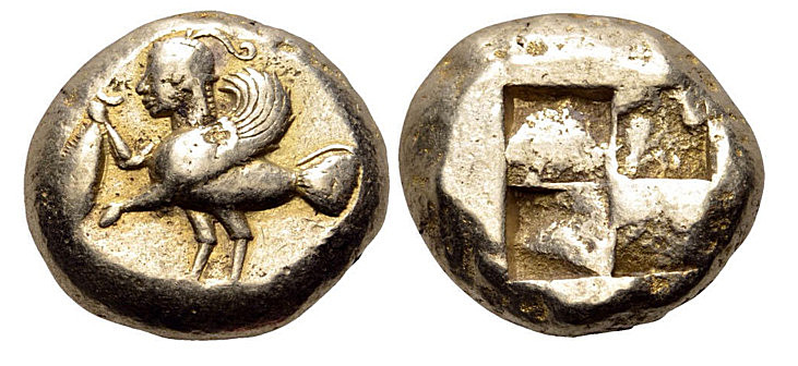 Mysia, Kyzikos electrum Stater. Circa 550-500 BC. Winged siren standing left, holding tunny fish / Quadripartite incuse square. Boston 1441 (these dies); Very Rare, and among the finest known specimens. Only half dozen examples auctioned in the past 15 years