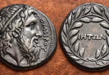 CYCLADES, Ios. Circa 325-300 BC. Didrachm (Silver, 19 mm, 6.20 g ). ΟΜΗΡΟΥ Bearded head of Homer to right, wearing a simple taenia. Rev. ΙΗΤΩΝ within a laurel wreath tied at the bottom. Of the greatest rarity and importance, the finest and most famous of all the numismatic portraits of Homer. Beautifully toned and of the finest late Classical style. From the BCD Collection, acquired in the early 1970s from a aspiring collector who had just inherited it from his father-in-law, who had, in turn, seemingly acquired it from his own father prior to World War I.