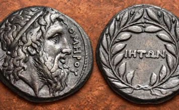 The Odyssey on Ancient Coins: Homer’s Epic Struck in Metal CYCLADES, Ios. Circa 325-300 BC. Didrachm (Silver, 19 mm, 6.20 g ). ΟΜΗΡΟΥ Bearded head of Homer to right, wearing a simple taenia. Rev. ΙΗΤΩΝ within a laurel wreath tied at the bottom. Of the greatest rarity and importance, the finest and most famous of all the numismatic portraits of Homer. Beautifully toned and of the finest late Classical style. From the BCD Collection, acquired in the early 1970s from a aspiring collector who had just inherited it from his father-in-law, who had, in turn, seemingly acquired it from his own father prior to World War I.