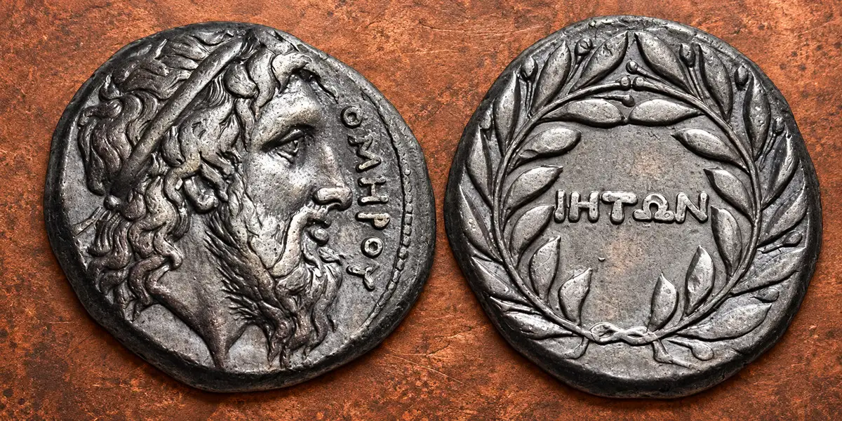CYCLADES, Ios. Circa 325-300 BC. Didrachm (Silver, 19 mm, 6.20 g ). ΟΜΗΡΟΥ Bearded head of Homer to right, wearing a simple taenia. Rev. ΙΗΤΩΝ within a laurel wreath tied at the bottom. Of the greatest rarity and importance, the finest and most famous of all the numismatic portraits of Homer. Beautifully toned and of the finest late Classical style. From the BCD Collection, acquired in the early 1970s from a aspiring collector who had just inherited it from his father-in-law, who had, in turn, seemingly acquired it from his own father prior to World War I. 