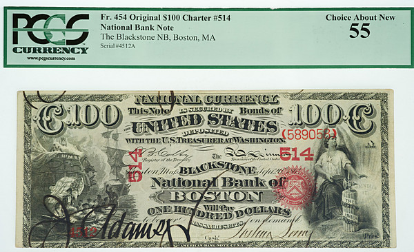 Among the rare paper money items displayed at the Lipton Coins, Fine Art & Antiques gallery in Beverly Hills, California is this $100 Blackstone National Bank of Boston, Original Charter #514
