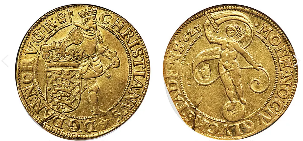 Denmark: Christian IV gold 10 Ducat (Portugaloser) 1623 AU53 NGC