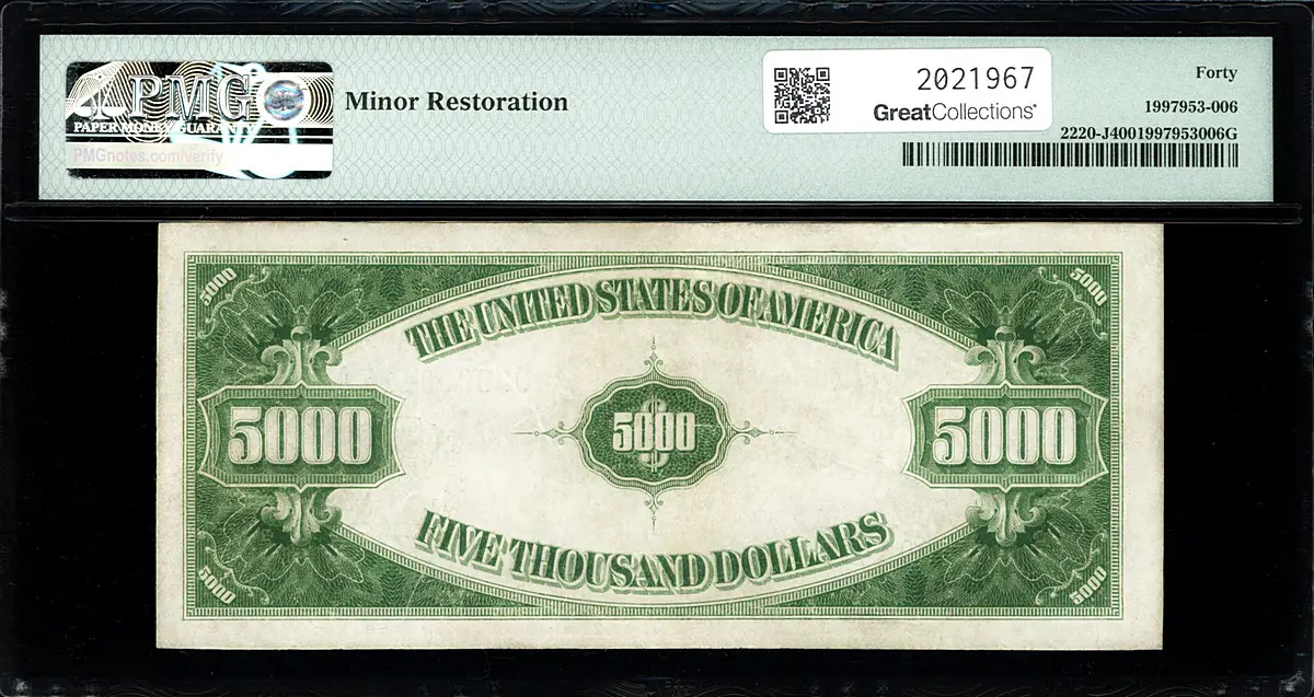 Fr. 2220-J (JA Block) 1928 $5,000 Kansas City Federal Reserve Note Woods / Mellon PMG Extremely Fine 40