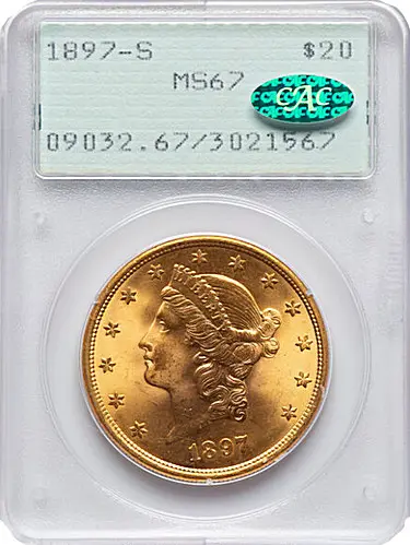 1897-S $20 MS67 PCGS. CAC
