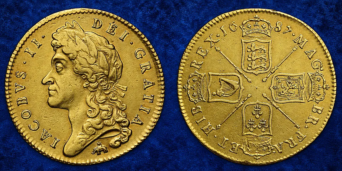 James II 1687 gold Five Guineas, Elephant and Castle