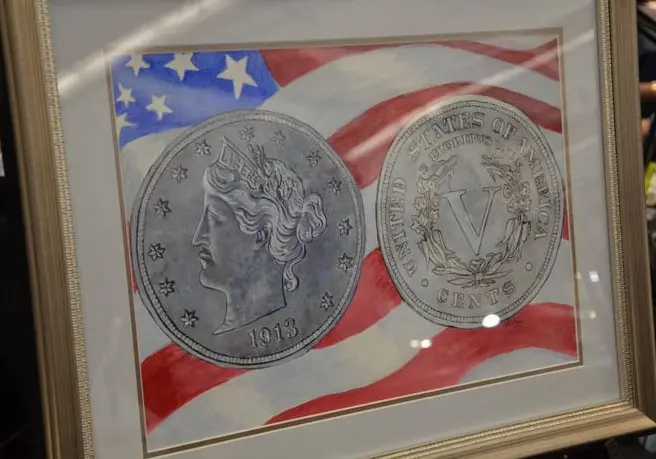 A painting of the ANA's Bebee Specimen 1913 Liberty Head nickel (pictured) created by NFP.io and Laura Verschoore and offered by David Lawrence Rare Coin at auction during the show realized $5,650. The inaugural large-format work of fine art was auctioned to benefit the ANA in support of its educational mission.