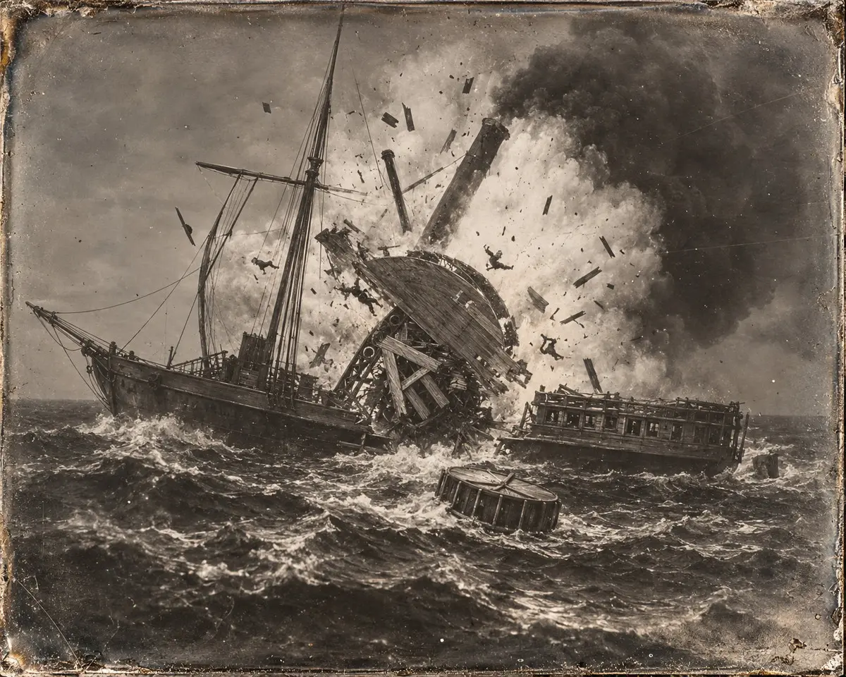 Illustration of the SB Pulaski exploding at sea June 14 1838