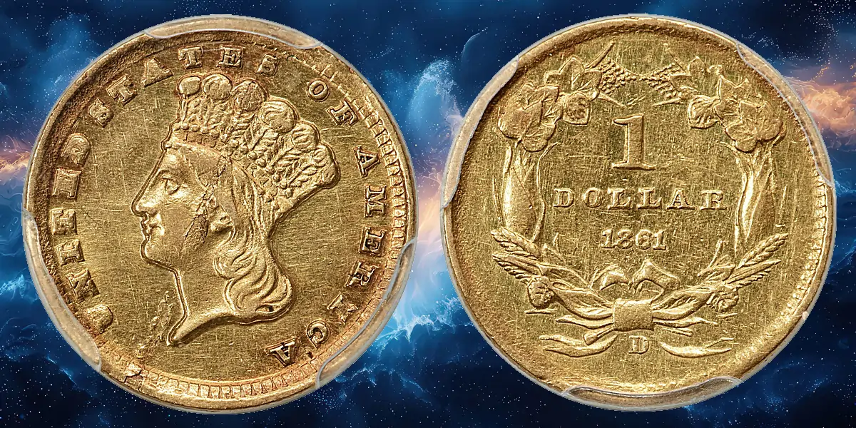In August 2024, an extremely rare 1861-D $1 Gold with a dramatic lamination mint error realized $26,400 at the Stack’s Bowers Galleries August 2024 Global Showcase Auction, Session 3 – Rarities Night (Lot 3274).