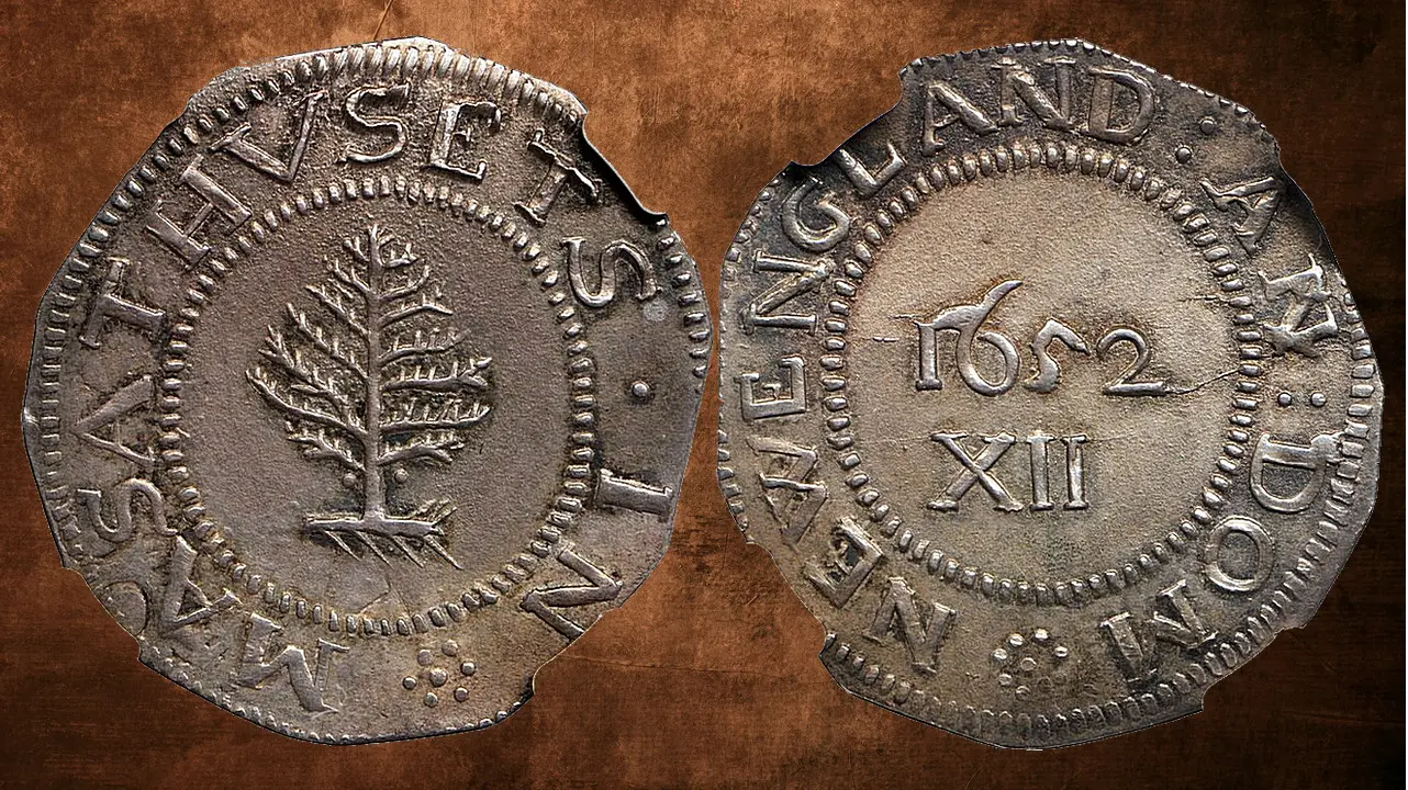1652 Massachusetts Bay Colony Pine Tree Shilling. Large Planchet. Noe-1, W-690. Rarity-2. Middle Die State. Pellets at Trunk. MS-65+ (NGC).