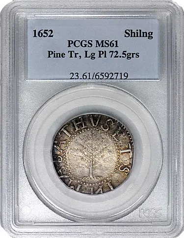 1652 Pine Tree Shilling. Large Planchet. Noe-2, Salmon 2-C. Rarity-4. Without Pellets at Trunk. MS-61 (PCGS)