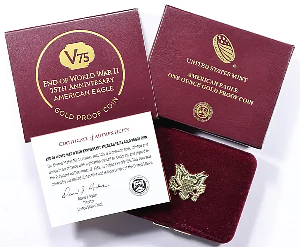 Original Govt Packaging for the 2020-W AGE  75th Anniversary of the End of World War II V75 Privy Mark Coin