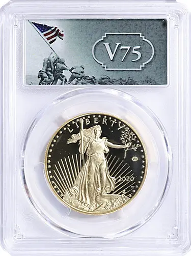 2020-W One-Ounce Gold Eagle. 75th Anniversary of the End of World War II V75 Privy Mark