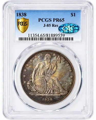 1838 Gobrecht Silver Dollar. Name Removed. Cabinet Coin Restrike. Judd-85, Pollock-94. Rarity-7+. Silver. Plain Edge. Die Alignment III. Proof-65 (PCGS). CAC.