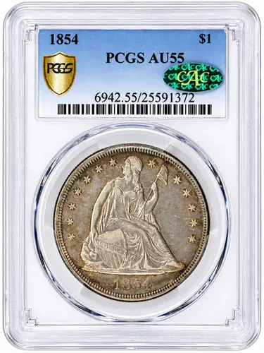1854 Liberty Seated Silver Dollar. OC-1. Rarity-3+. Repunched Date. AU-55 (PCGS). CAC.
