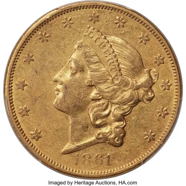 1861-O $20 AU53 PCGS. CAC. Winter 1
