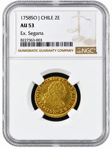 CHILE, Santiago, gold bust 2 escudos, Ferdinand VI (bust of Philip V), 1758 J