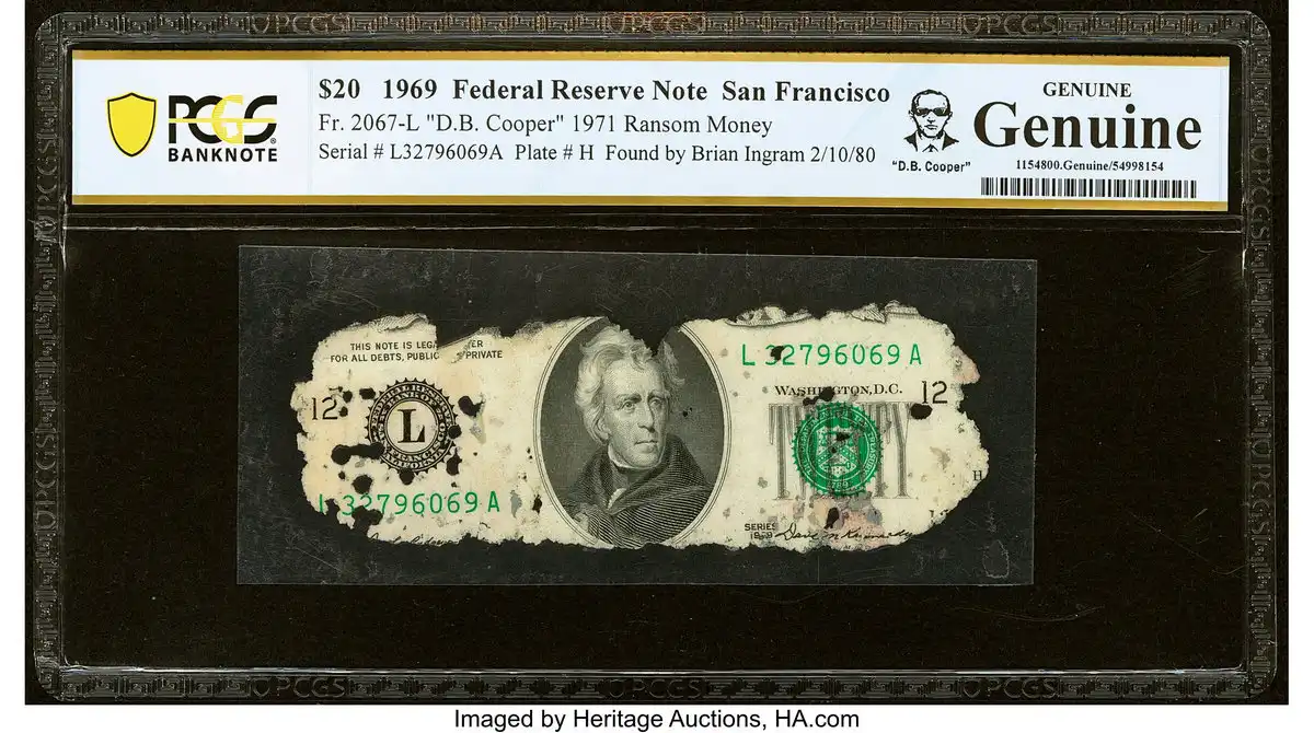D.B. Cooper 1971 Ransom Money Serial Number L32796069A Fr. 2067-L $20 1969 Federal Reserve Note PCGS Banknote Genuine