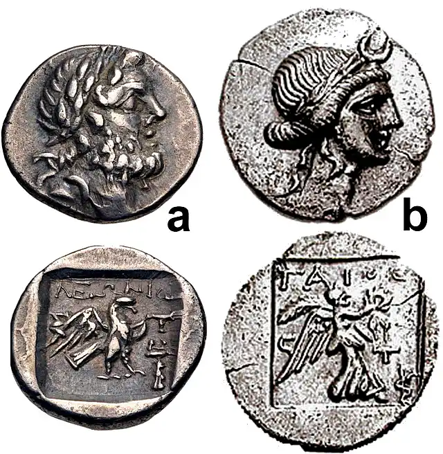 FIGURE 10: Stratonikeia, Caria: a) Circa 133–125 BCE, AR Hemidrachm, 13mm, 1.46 g., Leonid, magistrate, Head of Zeus right / Eagle standing left, wings spread, within incuse square; b) First Mithridatic War, circa 88–85 BCE, AR Drachm, 1.85 g., Gaios, magistrate, Head of Hekate right / Nike advancing right, all within incuse square.