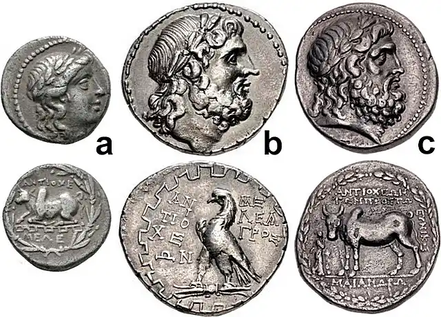 Antiochia ad Maeandrum, Caria: a) 168–150 BCE, AR Drachm, 16.10mm, 3.89 g., Apollo right / Humped bull recumbent; b) Early–mid-first century BCE, AR Tetradrachm, 27mm, 16.05 g., Zeus right / Zebu bull standing left with small female figure; c) Early–mid-first century BCE, AR Tetradrachm, 29mm, 15.87 g., Zeus right / Eagle standing on thunderbolt.