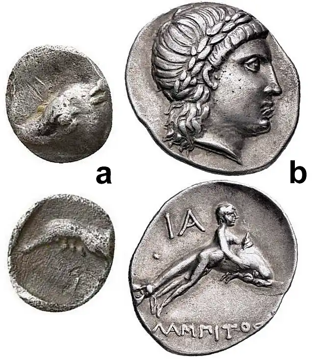 Iasos, Caria: a) 450–400 BCE, AR Tetartemorion, 5mm, 0.16 g., Boar's head left / Shrimp right; b) 250–190 BCE, AR Drachm, Head of Apollo right / Hermias clinging to a dolphin swimming right.