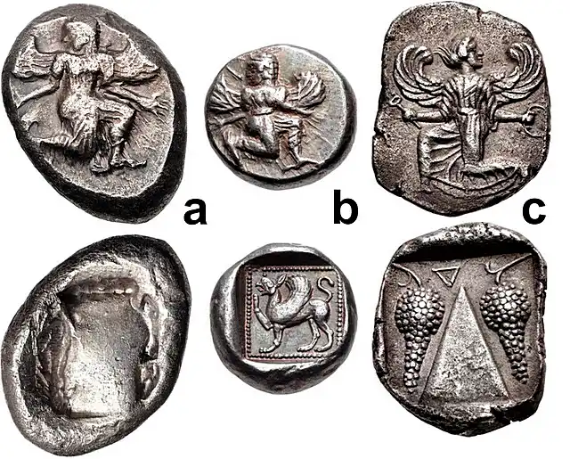 Kaunos, Caria: a) Circa 490–470 BCE, AR Stater, 17mm, 11.78 g., Winged female figure / Crude rectangular object (baetyl?) within incuse square; b) Circa 490–470 BCE, AR Hemidrachm, 12mm, 2.57 g., Winged female figure / Griffin standing left within incuse square; c) Circa 450–430 BCE, AR Stater, 19mm, 11.37 g., Winged female figure / Baetyl with grape bunches flanking within incuse square.