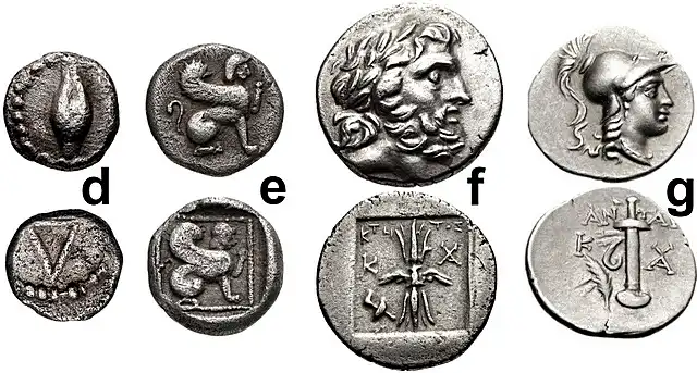 Kaunos, Caria: d) Circa 400–350 BCE, AR Thirty-second Stater, 6mm, 0.35 g., Barley grain / Large inverted character in Carian script; e) Circa 390–370 BCE, AR Obol, 8mm, 0.72 g., Sphinx seated right / Sphinx seated right within square incuse; f) Circa 166–150 BCE, AR Drachm, 15mm, 2.91 g., Ktetos, magistrate, Head of Zeus right / Winged thunderbolt, torch to lower left; g) Circa 166–100 BCE, AR Hemidrachm, 1.27 g., Head of Athena right / Sword in sheath with strap, filleted palm frond to lower left.