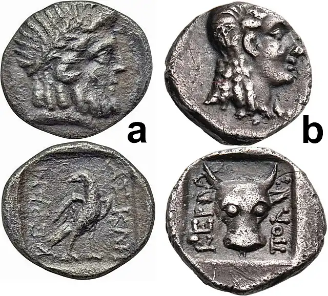 Keramos, Caria: a) Circa first century BCE, AR Hemidrachm, 13mm, 1.42 g., Laureate head of Zeus / Eagle standing right, wings spread; b) Circa 167–129 BCE, AR Hemidrachm, 11mm, 1.22 g., Head of Apollo right / Bull's head facing within incuse square.